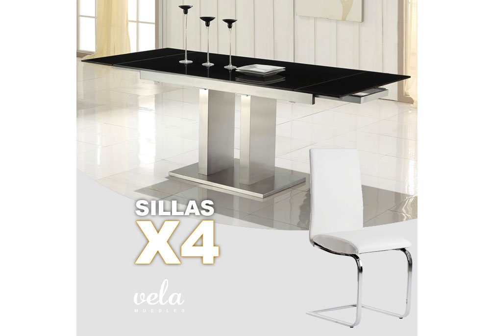 De mesas de comedor negra extensible y sillas polipiel