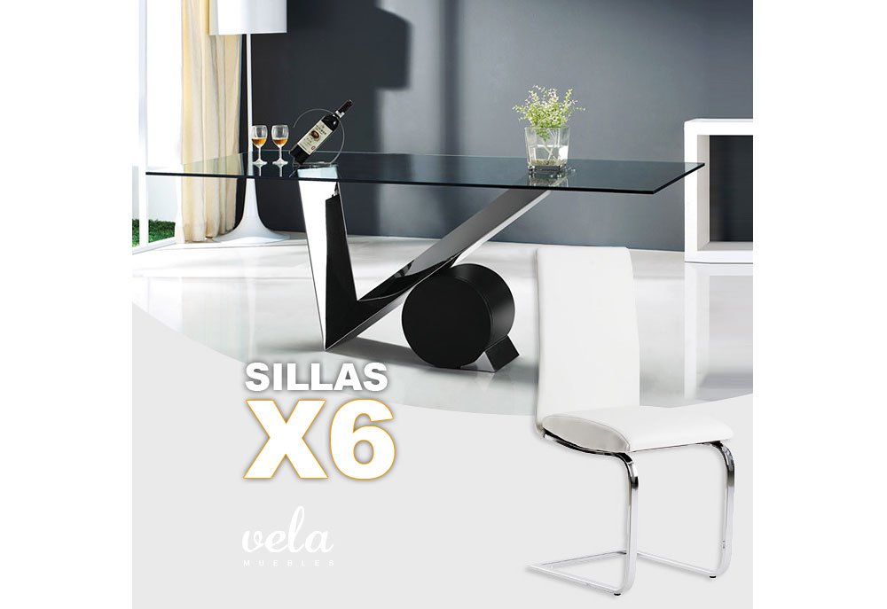 Conjunto de mesa cristal diseño y sillas polipiel vela muebles