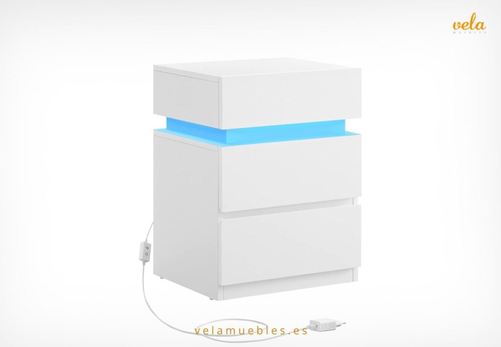mesita de noche de 3 cajones con luz led