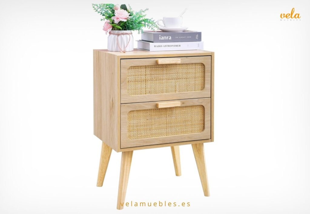 mesita de noche madera natural y ratan