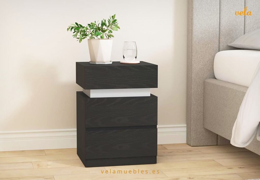 mesita noche negra con luz led