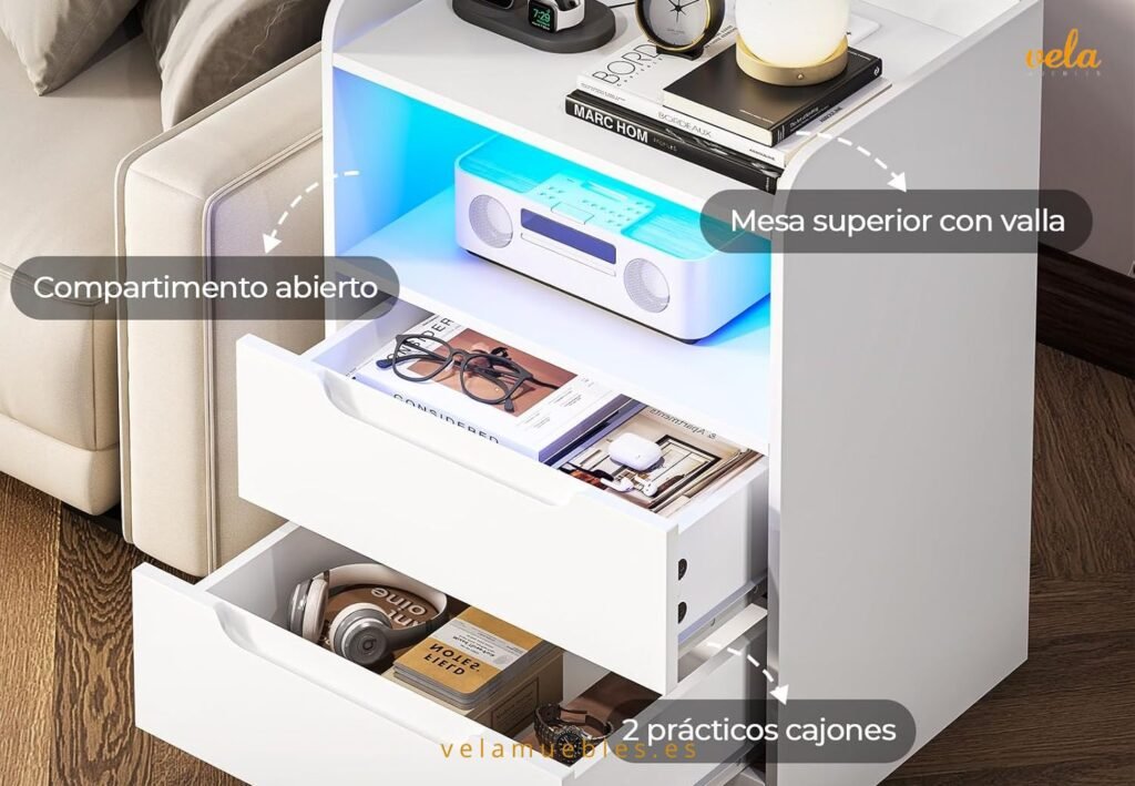 mesita noche juvenil con led y estación de carga y enchufe