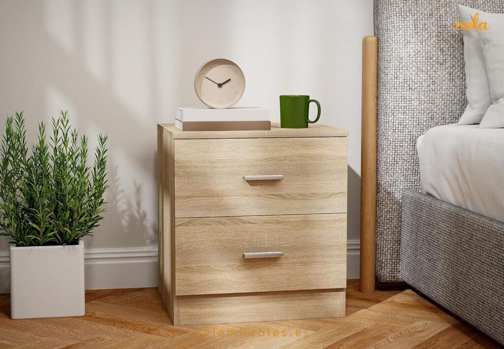 mesita de noche madera natural 2 cajones